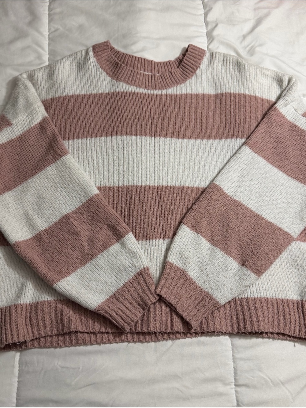 Hollister Pink and White Striped Crewneck Sweater